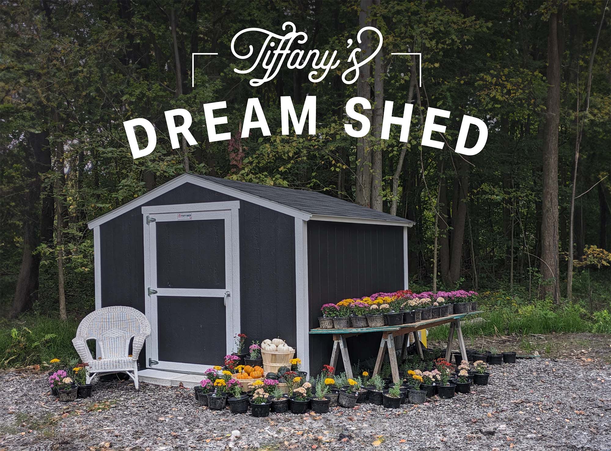tuff shed farm stand with flowers in a wooded area